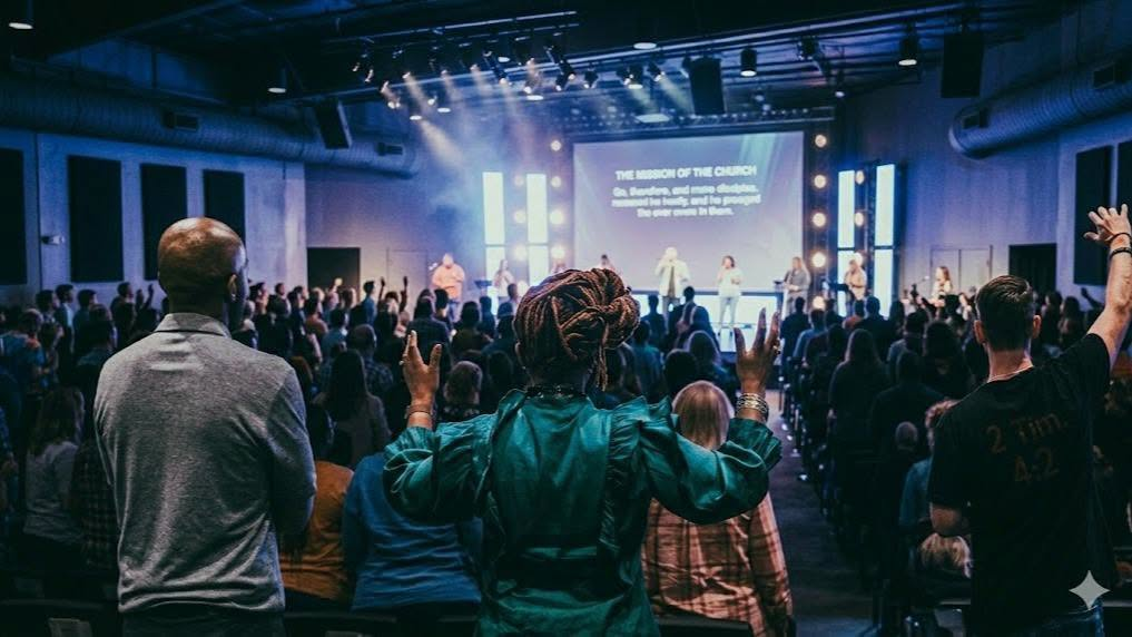 The Stone Edge congregation worshipping with hands raised during a Sunday service
